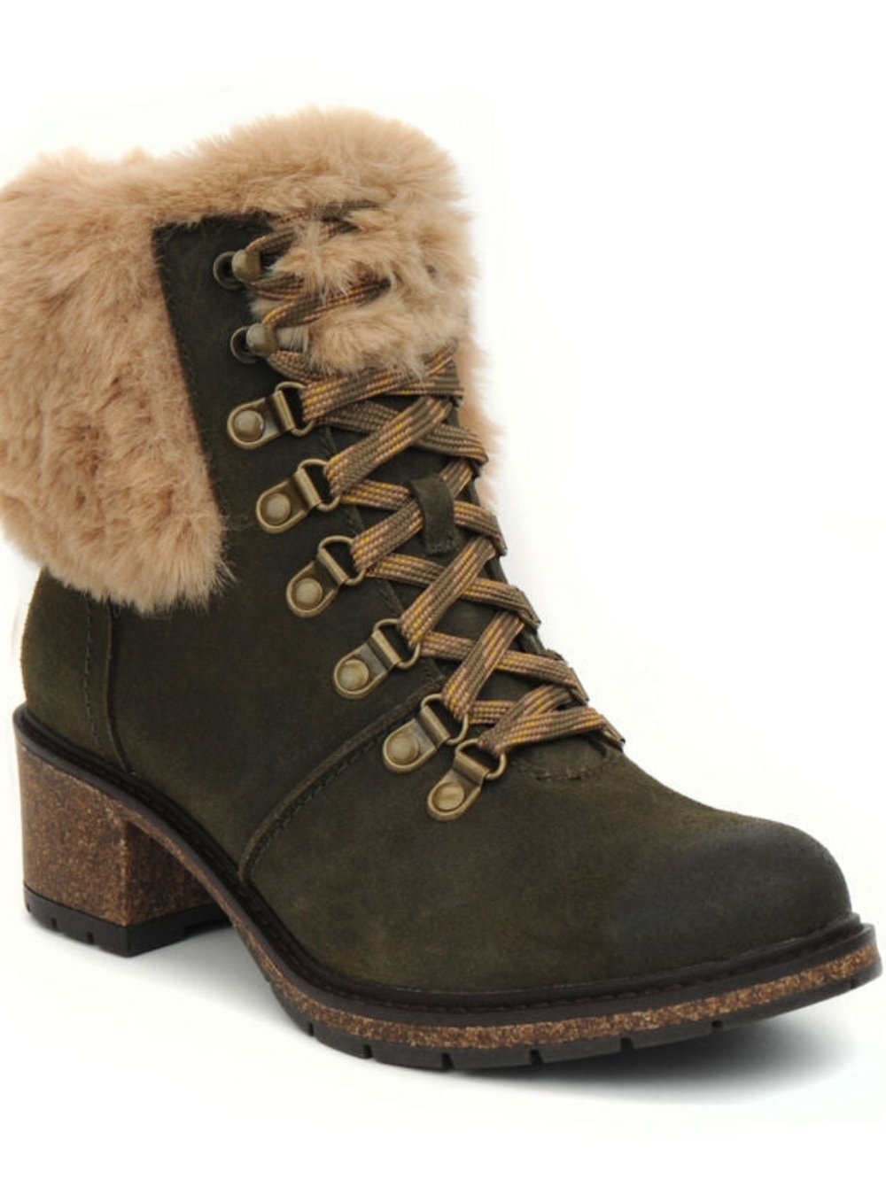 Aetrex Tan Lace-Up Ankle Boot with Cream Faux-Fur Collar